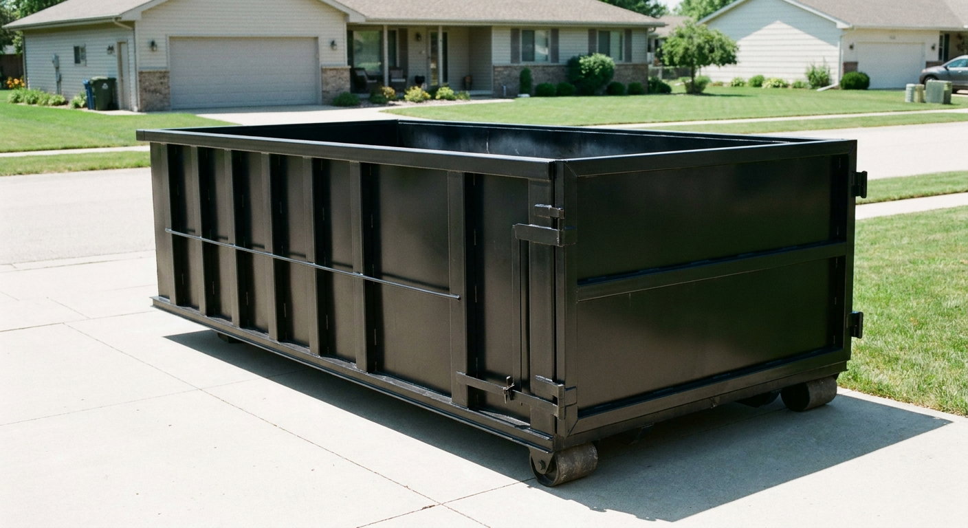 Matte-black 10-yard roll-off dumpster on a residential concrete driveway in Coopersburg, uniformly painted matte black across every panel and rail, ribbed steel sidewalls and rear swing door visible, mid-day daylight.
