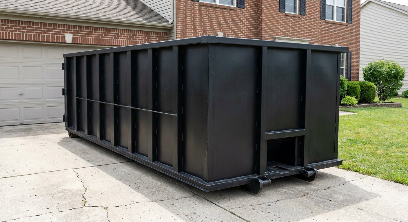 Matte-black 20-yard roll-off container on a Coopersburg residential concrete driveway with reinforced ribbed steel sidewalls and a hinged rear walk-in door, clean bright daylight.