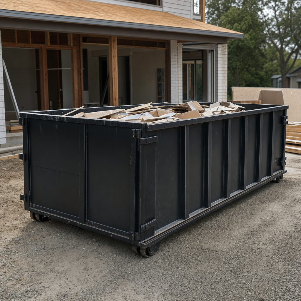 Large matte-black 30-yard construction roll-off dumpster at an active Coopersburg jobsite, steel-gray top rails and bottom rollers visible, loaded with construction debris.