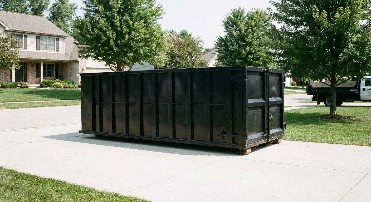 Matte-black 20-yard roll-off dumpster sitting level on a clean Coopersburg residential concrete driveway under bright daylight, demonstrating clean placement directly on the concrete.