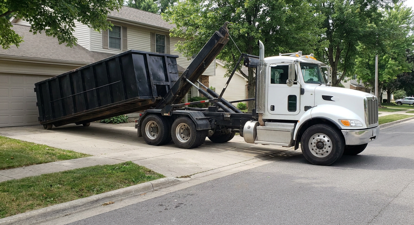 White-cab hooklift roll-off truck actively lowering a matte-black dumpster onto a Coopersburg residential concrete driveway, the dumpster's rear wheels touching the driveway as the hoist arm tilts the bed forward, mid-morning daylight.