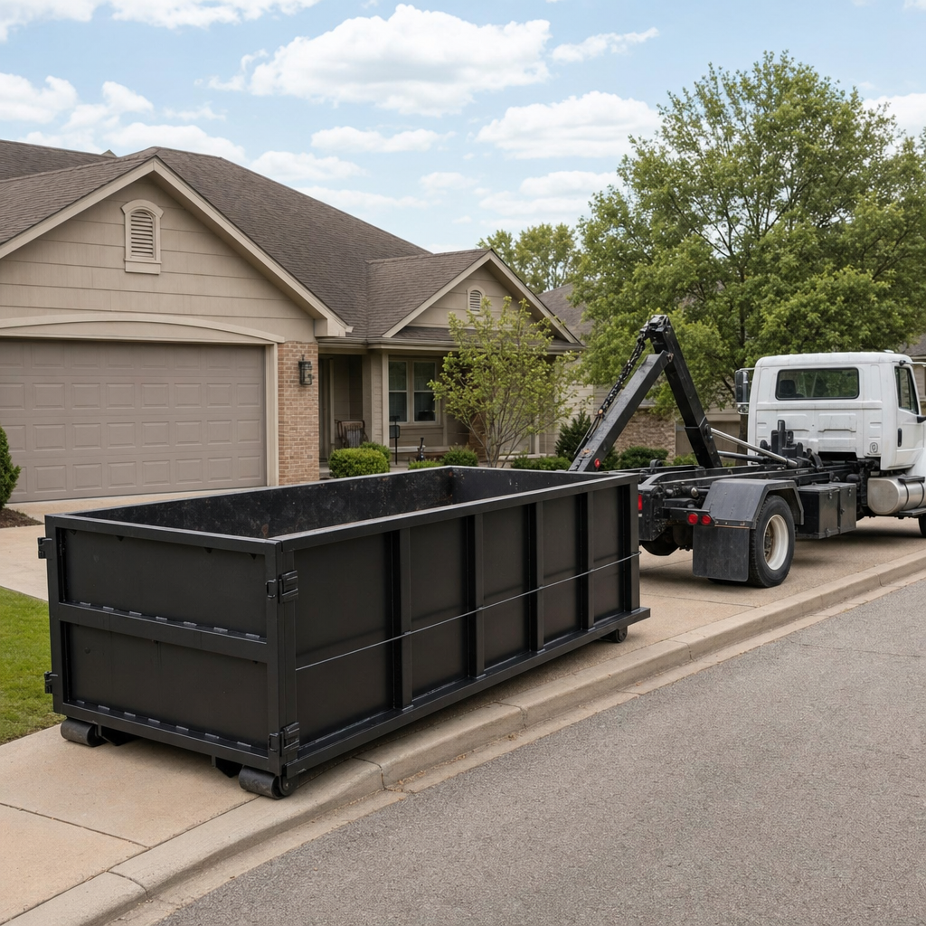 Wide documentary shot of a matte-black roll-off dumpster on a Coopersburg residential driveway in the foreground and a contractor jobsite container in the soft-focus background, bright daylight, calm and orderly composition.