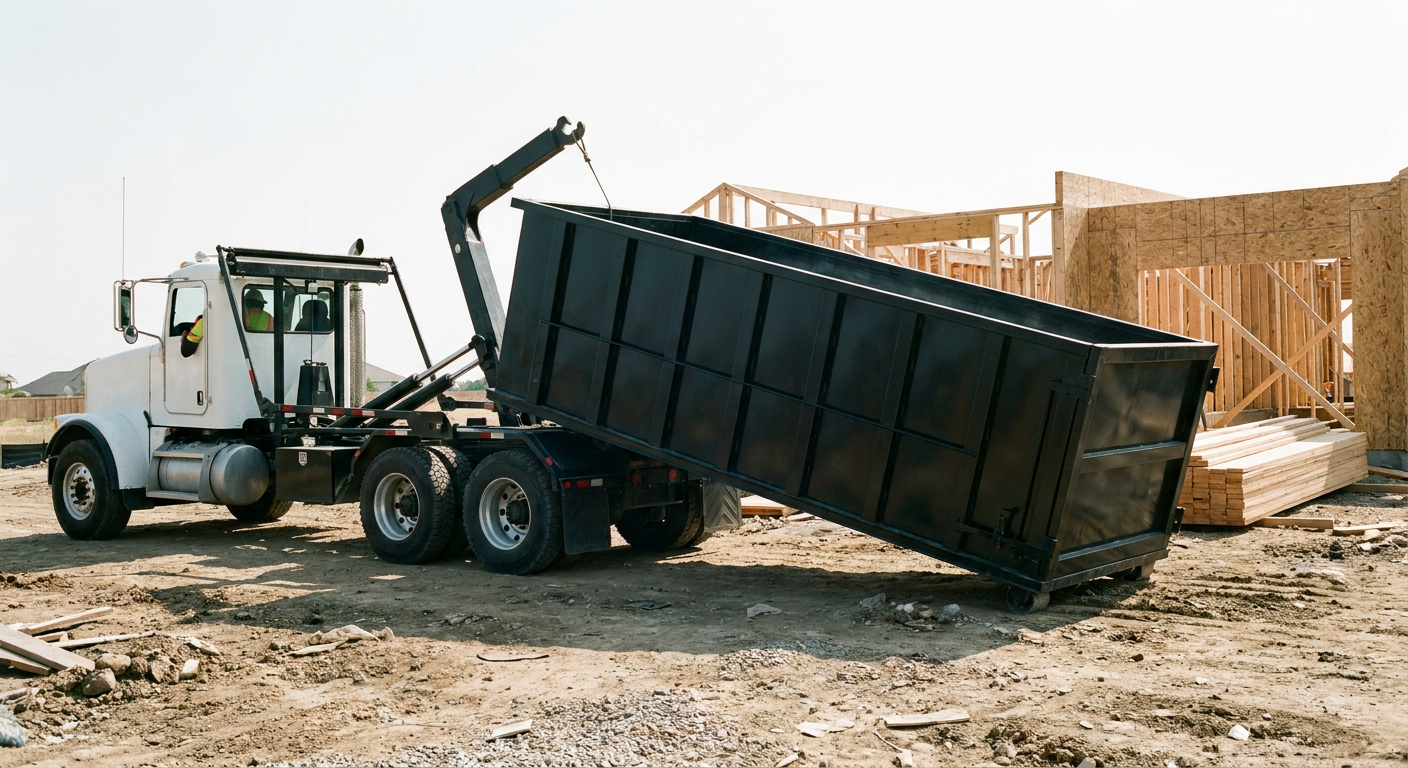 Matte-black roll-off dumpster being delivered onto a clean residential concrete driveway in Coopersburg by an unmarked white hooklift hauler truck, bright morning daylight, documentary 35mm perspective.